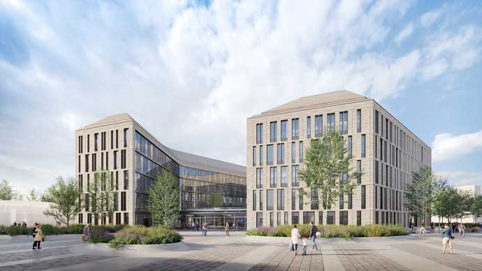 Blick vom Klinikgelände: Bogenförmig angeordnet und mit einem Foyer verbunden bieten die neuen Gebäude über 9.400 Quadratmeter Nutzfläche. | Foto: Henn