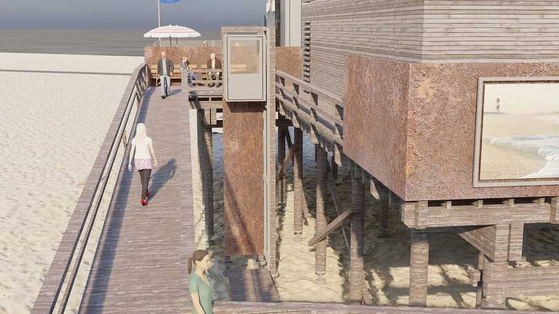 Barrierefrei gebaut: Mit dem Plattformaufzug können Rollstuhlfahrer künftig zum Pfahlbaurestaurants der neuen Strandbar 54° Nord gelangen. | Foto: Limbrecht Jensen Rudolph Architekten