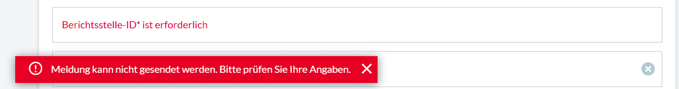 Bild 8: Fehler bei der Statistikmeldung, hier: Berichtsstellen-ID fehlt