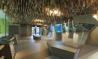 Bewegte Schallschutz-Decke aus Furnier