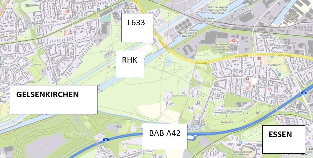 Übersichtskarte zum Projekt mit der A42, der L633 und dem Rhein-Herne-Kanal (RHK) | Foto: De la Motte & Partner GmbH