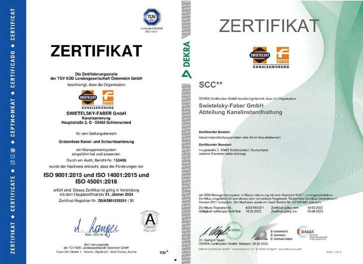 „Die Arbeitssicherheit steht an vorderer Stelle.“ Links: TÜV-Zertifikat, rechts: SCC-Zertifikat. | Foto: Swietelsky-Faber Kanalsanierung