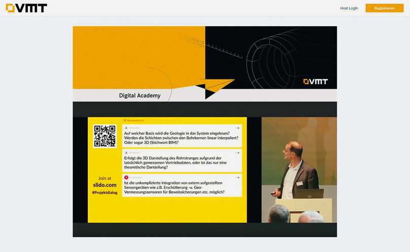 Zum Stellen von Fragen konnte im Saal und an den Bildschirmen mit Slido ein Online-Tool genutzt werden, mit dem über das Smartphone sehr einfach und benutzerfreundlich bereits während der Vorträge Fragen und Anmerkungen formuliert und abgeschickt werden konnten. Von dieser Möglichkeit wurde rege Gebrauch gemacht. | Foto: VMT