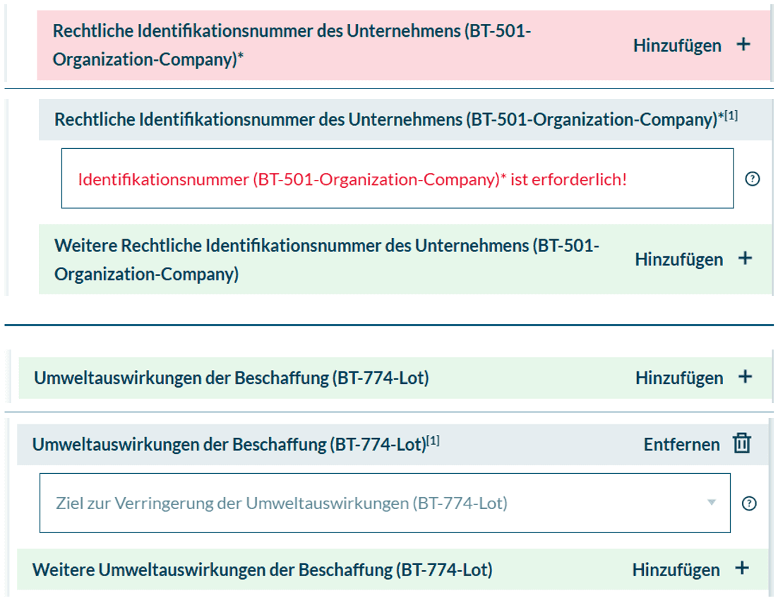 Eingabegruppen mit Pflicht- bzw. optionalen Angaben