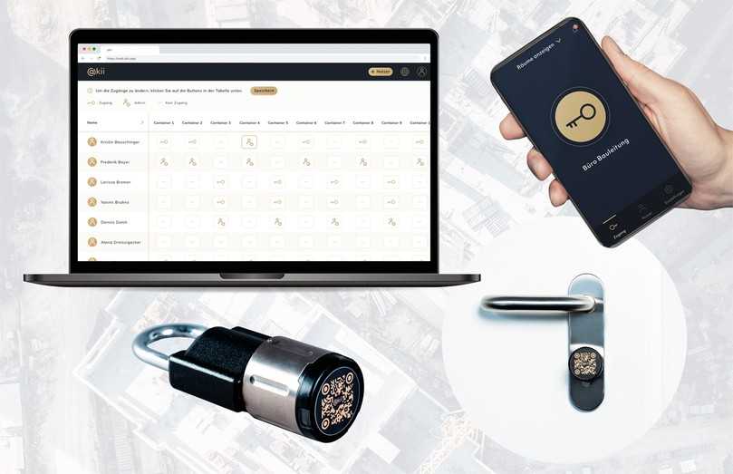 akii-Lösung bestehend aus digitalen Schlössern, der akii-App zum mobilen Öffnen, Schließen und Verwalten sowie der Desktop-Ansicht mit erweiterten Einstellungsfunktionen. | Foto: akii