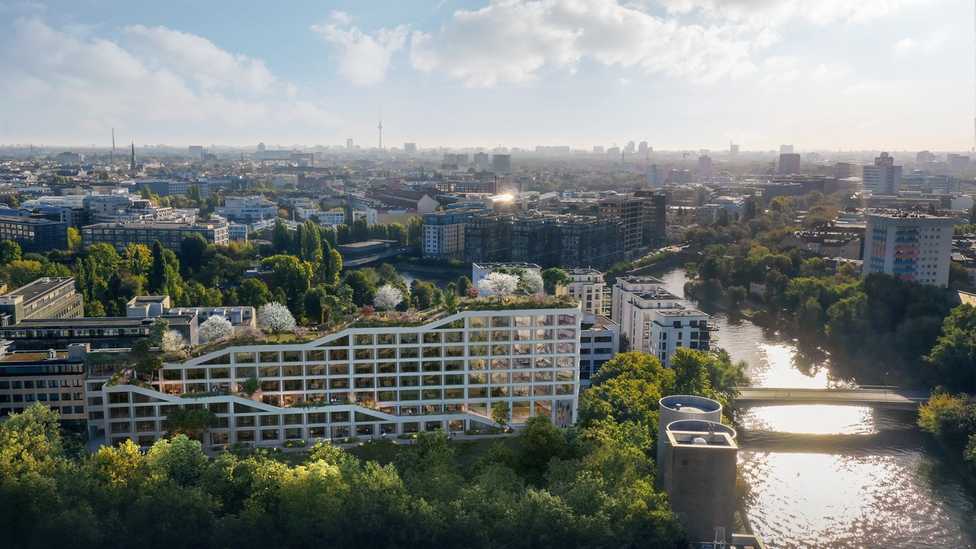 Bürohaus in Berlin: Park und 12-Meter-Bäume auf dem Dach