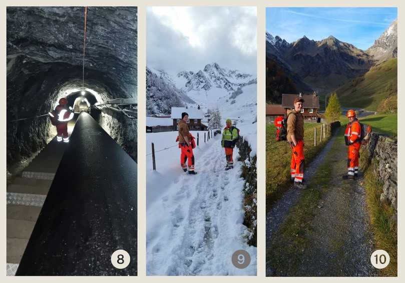 8) Im Felsen führen Treppenstufen entlang der zu inspizierenden Druckrohrleitung, die mit einem Gefälle von etwa 45 Grad zu den Turbinen im Tal verläuft. 9)/10) Die unstetigen Wetterverhältnisse beeinflussten die Arbeit stark: Diese beiden Aufnahmen sind an zwei aufeinanderfolgenden Tagen an gleicher Stelle entstanden. | Foto: IBAK