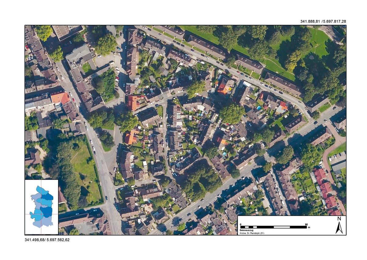 Abb. 2: Luftbildansicht eines Ausschnittes der Margarethensiedlung in Duisburg-Rheinhausen im Jahr 2015. | Foto: Stadt Duisburg