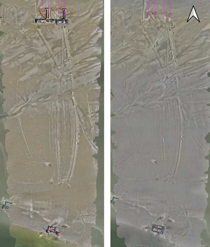 Abbildung 2: Erholung der Spuren im Watt (links: 24.8.2023, rechts: 18.9.2023) | Foto: LMR