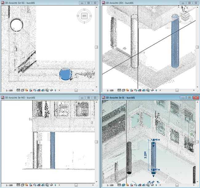 Bei der Auswertung werden die Punktdaten sukzessive durch CAD- oder BIM-Objekte – hier eine Stütze – passgenau überlagert. | Foto: Laser Scanning Architecture