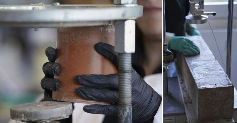 Links: Mantelreibungsversuch zur Bestimmung der Reibkräfte bei schwindungsfreien Flüssigboden, rechts: Bestimmung des Biegezugmoments für RSS-Wände | Foto: Flüssigboden Engineering GmbH Links: Mantelreibungsversuch zur Bestimmung der Reibkräfte bei schwindungsfreien Flüssigboden, rechts: Bestimmung des Biegezugmoments für RSS-Wände | Foto: Flüssigboden Engineering GmbH