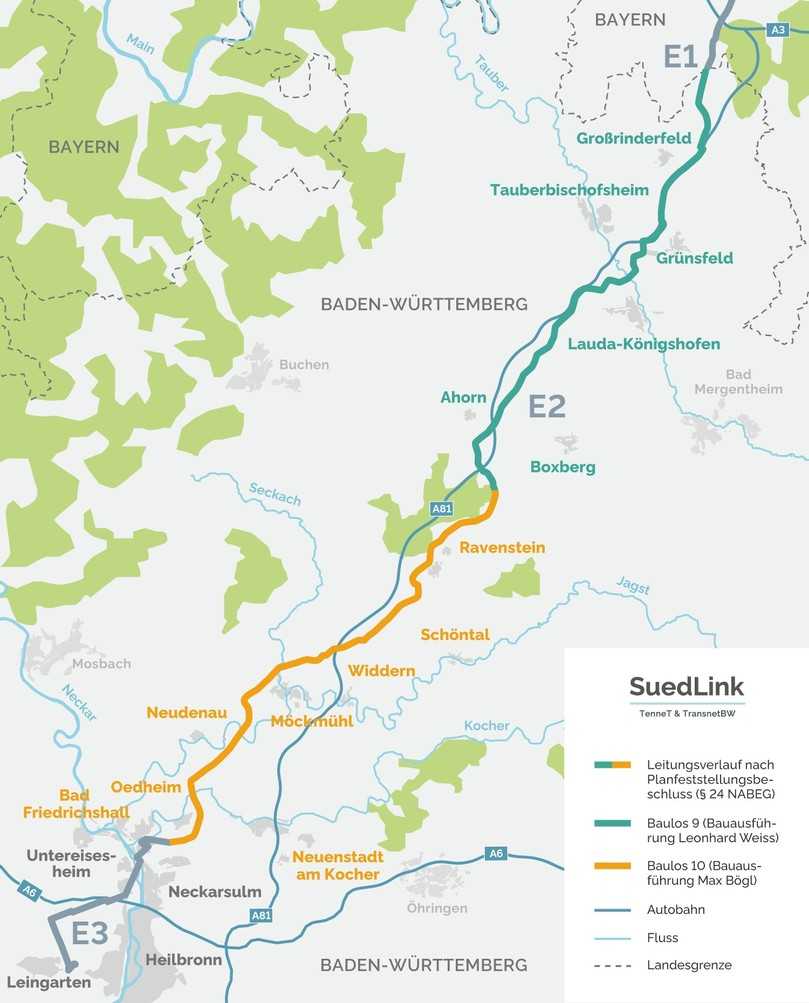 Abschnittskarte SuedLink im Nordosten Baden-Württembergs | Foto: Transnet BW