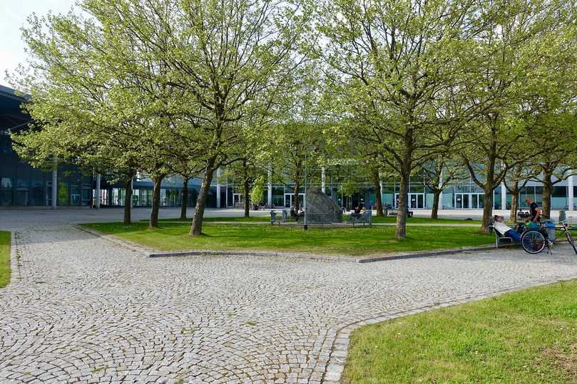 Bäume vor der Messe Augsburg spenden Schatten und laden zum Verweilen ein. | Foto: bs