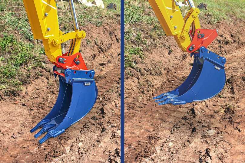 Rechts im Bild: Ein Loslösen des Anbaugerätes vom Schnellwechsler ist nicht möglich. Die Double-Lock-Verriegelung umschließt die Aufnahmewelle. | Foto: Lehnhoff Hartstahl GmbH