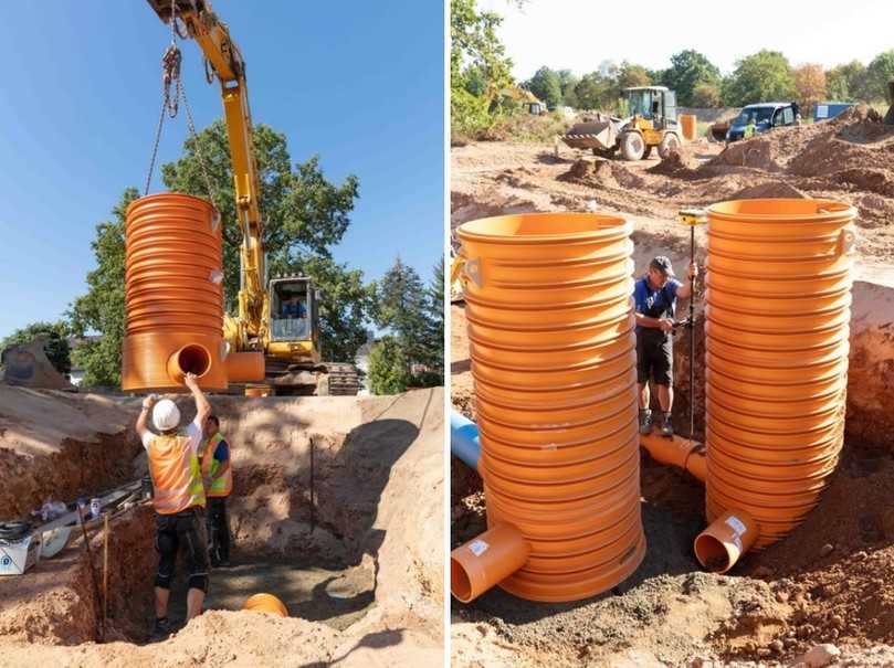 Die schnelle Montage sichert den zügigen Baufortschritt: Die leichten Abwasserschächte aus Polypropylen werden passgenau eingefügt. | Foto: Rehau