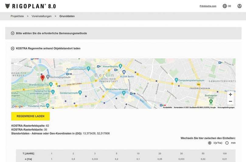 Neu in RigoPlan 8.0: Die aktualisierte Bemessungssoftware generiert die Werte zur Regendatenermittlung automatisch über den Projektstandort in Google Maps. | Foto: Fränkische