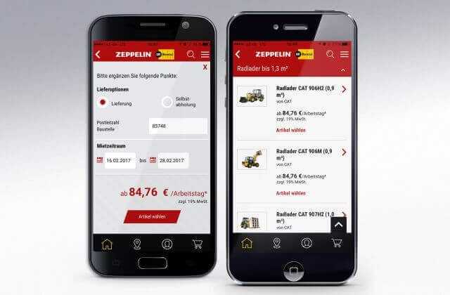 Bequem die nächste Mietstation finden und mobil noch einfacher Geräte mieten – mit der neuen App von Zeppelin Rental.