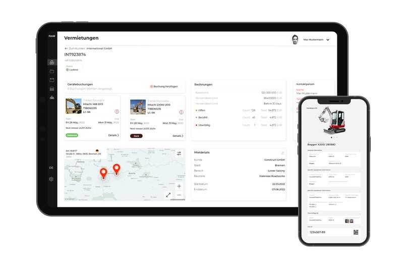 Im Rental Asset Manager (RAM) von Syniotec sind alle vermieteten Baumaschinen und -geräte mit sämtlichen Daten hinterlegt - übersichtlich auf Tablet oder Smartphone. | Foto: Syniotec