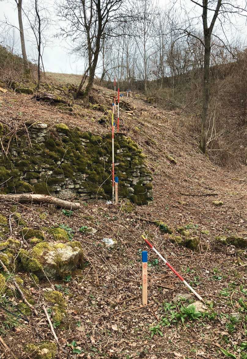 Abgesteckte Bohrtrasse (blaue Pfähle) mit aktuellem Verlauf der Pilotbohrung (rot-weiße Stangen) | Foto: Andreas Huber