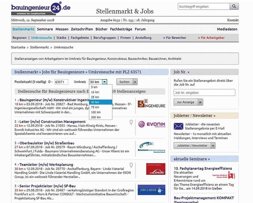 Neu bei bauingenieur24 ist die Umkreissuche: So lassen sich die vielen Stellenanzeigen genauer filtern.