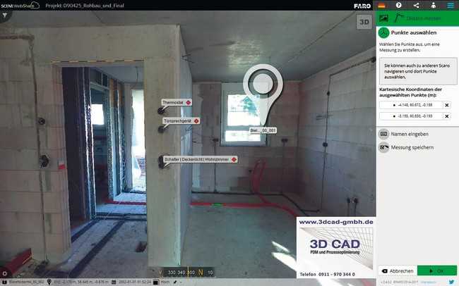 Aus den Punktwolken und Fotoinformationen entstehen 360°-Fotopanoramen, die man etwa für die baubegleitende Qualitätskontrolle nutzen kann | Foto: 3D CAD GmbH