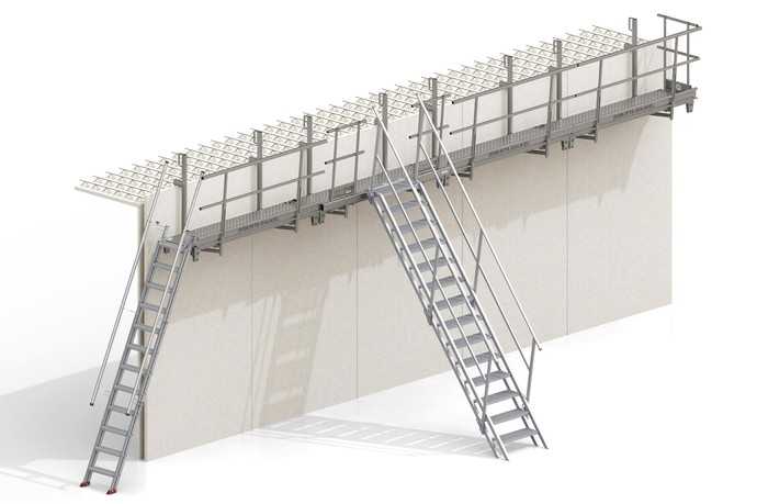 Die Hohlwand-Betonierbühne aus feuerverzinktem Stahl gibt es mit zwei Aufstiegsvarianten: „Stafe“-Steiltreppe und „Stafe“-Bautreppe | Foto: Robusta-Gaukel