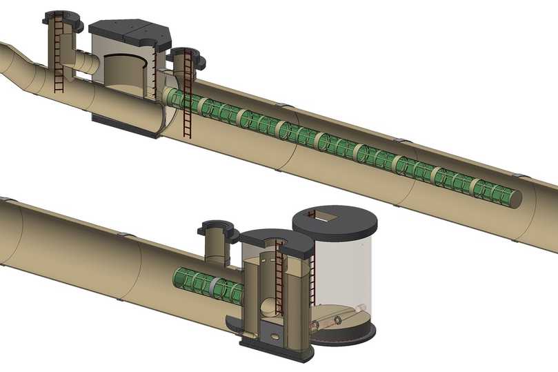 Der Aufbau des Stauraumkanals: der obenliegende Beckenüberlauf inkl. eines Notüberlaufes (oben dargestellt) und der untenliegende Klärüberlauf (unten). | Foto: Amiblu