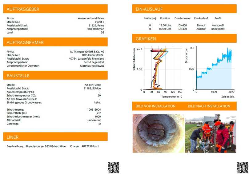 Beispiel eines Einbauberichtes für den Schachtliner - individuell angelegt in den Firmenfarben des Dienstleisters, hier der Firma N. Thieltges GmbH & Co. KG | Foto: Wasserverband Peine