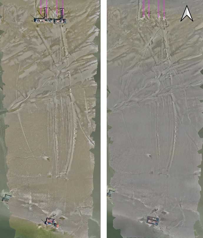 Abbildung 2: Erholung der Spuren im Watt (links: 24.8.2023, rechts: 18.9.2023) | Foto: LMR