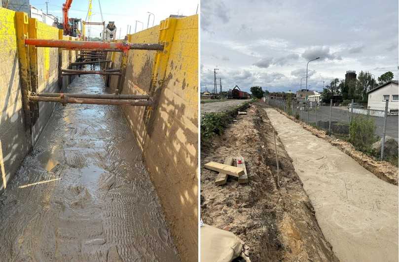 Der Flüssigboden nach seiner Einfüllung in den Rohrleitungsgraben. Der Verbau wird unmittelbar danach gezogen, damit sich die Verbauspur ebenfalls mit Flüssigboden verfüllte. | Foto: Südwestdeutsche Rohrleitungsbau GmbH