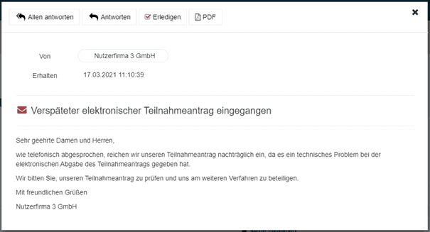 Bild 3: Mitteilung über den Eingang eines verspäteten Teilnahmeantrags