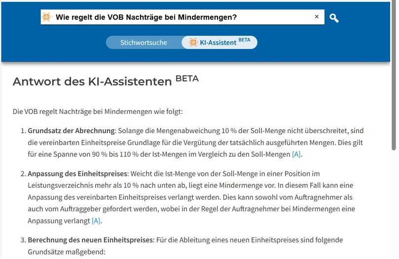 Ein Beispiel zeigt, wie der KI-Assistent zum Thema VOB und Nachträge antwortet. | Foto: f:data