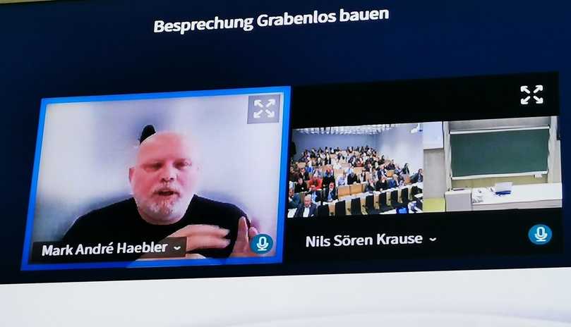 Bedingt durch mehrere Krankheitsfälle in der Firma wurde der Vortrag „Quick-Lock-Edelstahlmanschetten – grabenlose Reparatur in hoher Qualität“ von Mark André Haebler, Fa. Uhrig Kanaltechnik GmbH und Vice Chairman der ÖGL (unseres österreichischen Schwesterverbandes), online in den Hörsaal übertragen. | Foto: GSTT