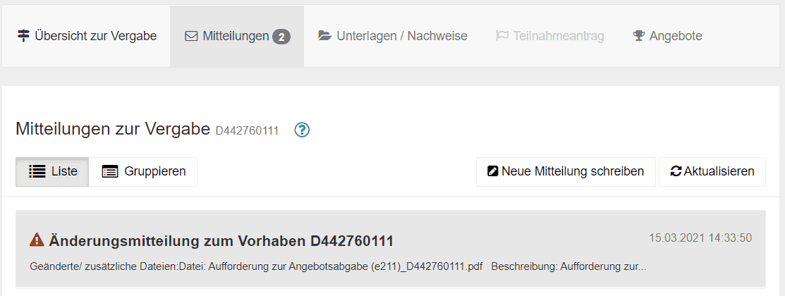 Bild 6: Im Vergabeverfahren - Register "Mitteilungen" mit der Anzahl der noch nicht als erledigt gekennzeichneten Mitteilungen
