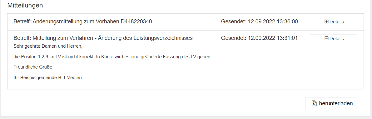 Bild 8: kostenfreie, unreigstrierte Abrufe-Seite mit Hinweisen auf Änderungen am Vergabeverfahren