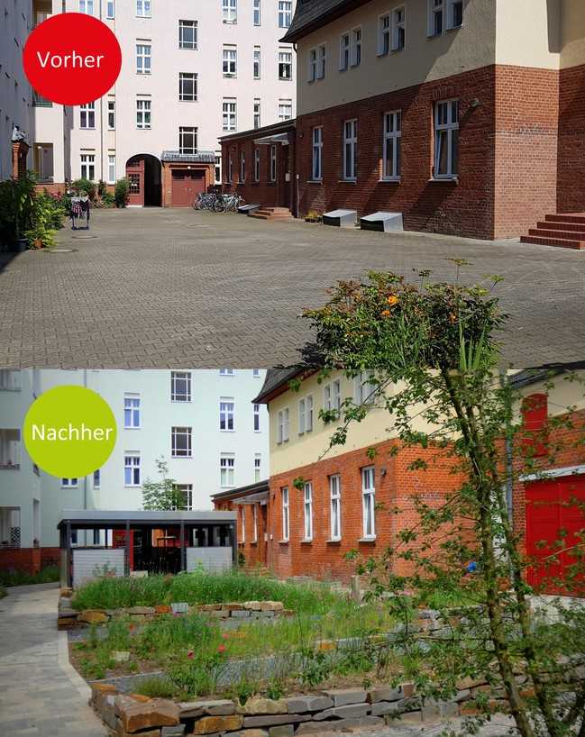 Ein Innenhof – vor und nach der naturnahen Gestaltung. | Foto: Stiftung für Mensch und Umwelt 