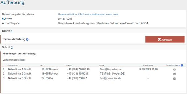 Bild 3: Seite Aufhebung bei Aufhebung einer Vergabe