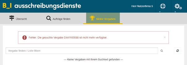 Bild 1: Vergabeverfahren kann nicht mehr zu "Meine Vergaben" hinzugefügt werden