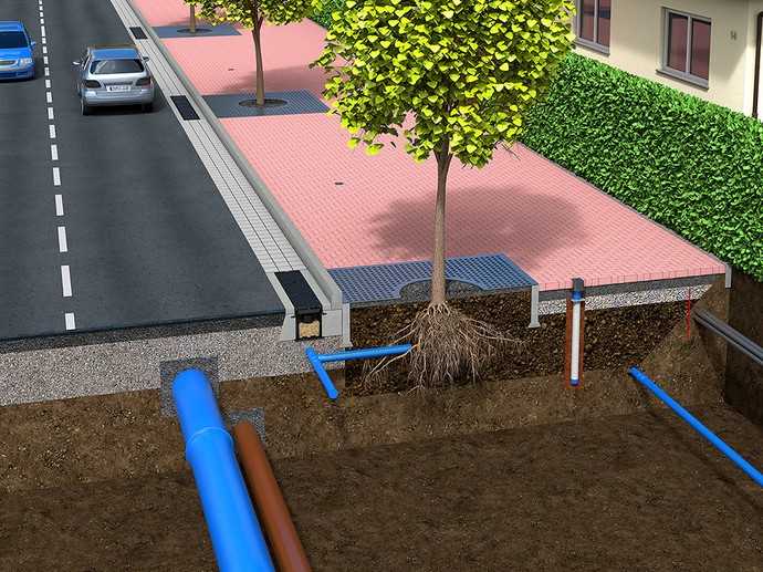 Funke Kunststoffe beispielsweise bietet Baukastenlösungen für eine zukunftsfähige Versorgung von Straßenbäumen mit Regenwasser, bis hin zur Speicherung des Wasserüberschusses in unterirdischen Tanks. | Foto: Funke Kunststoffe