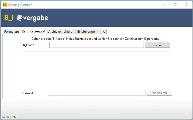 Bild 2: B_I öffnungsassistent, Register "Zertifikatsexport"