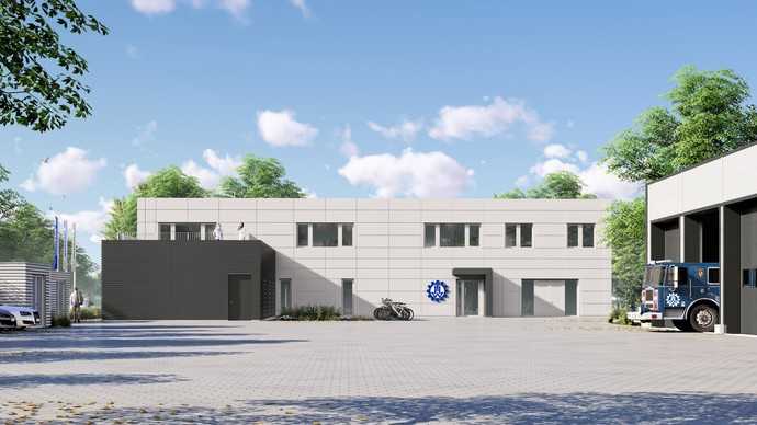 THW-Typ: Das Ortsverbandsgebäude und die Einsatzfahrzeughalle sind über den Hof verbunden. | Foto: Goldbeck GmbH