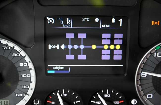 Das Display im Cockpit zeigt an, welche Sperren am Iveco T-Way-Vierachser aktiv sind. | Foto: QUATEX