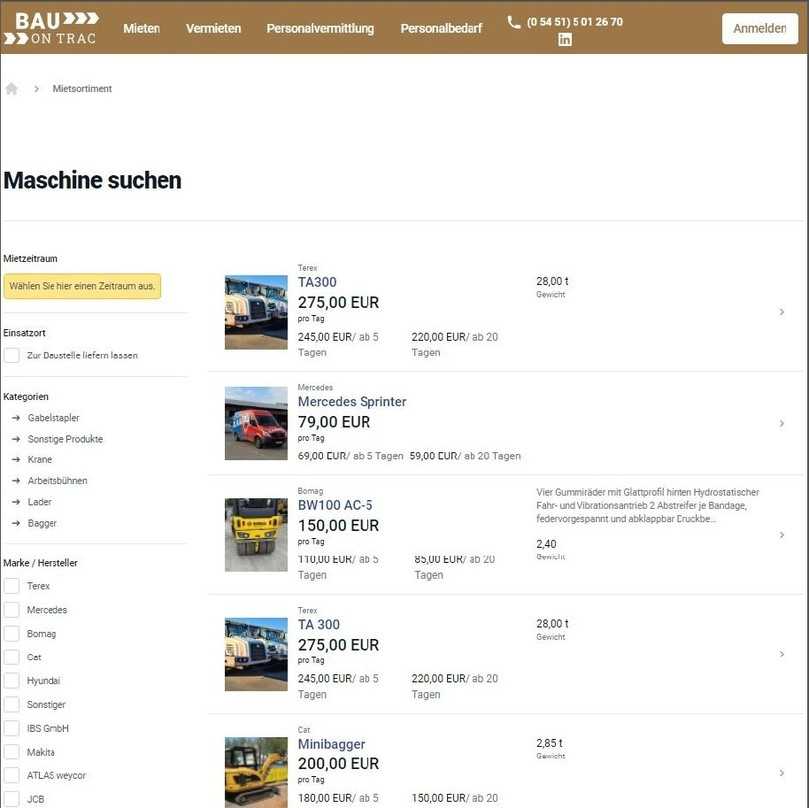 Mietseite des Bauontrac-Portals: Mit wenigen Klicks ist die gesuchte Baumaschine gefunden, und Details über Ausstattung, Standort und Verfügbarkeit werden angezeigt. | Foto: BauOnTrac