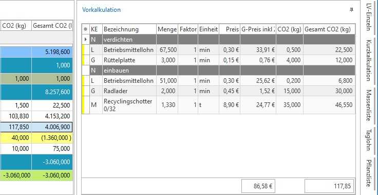 In der Vorkalkulation  erscheinen die Emissionsdaten aufsummiert pro EKT ( Einzelkosten der Teilleistungen). | Foto: mexxsoft