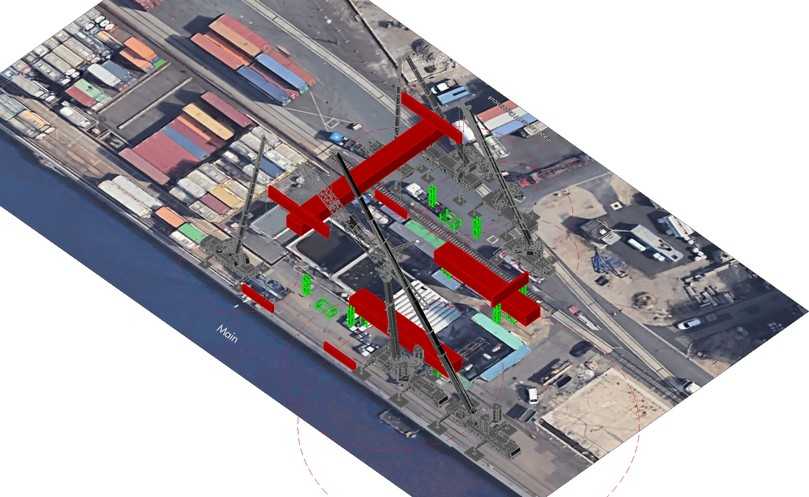 Die Kranexperten simulierten CAD-gestützt die Gegebenheiten vor Ort und planten so das komplette Hebekonzept - inklusive des benötigten Platzes für die Teile des Portalkrans (rot). | Foto: BKL Die Kranexperten simulierten CAD-gestützt die Gegebenheiten vor Ort und planten so das komplette Hebekonzept - inklusive des benötigten Platzes für die Teile des Portalkrans (rot). | Foto: BKL