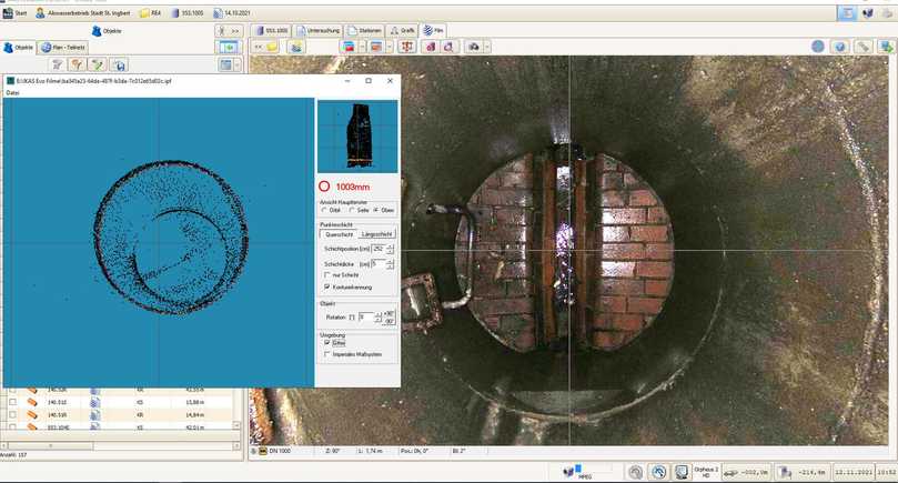 Lückenloser Schachtscan mit der Panoramo SI 4K, Ansicht der Software IKAS evolution: Punktwolke mit automatischer Konturerkennung. Der Durchmesser der Kreiskontur beträgt 1003 mm (rot angegeben), die betreffende Querschichtposition ist innerhalb der Punktewolke gelb dargestellt. | Foto: IBAK