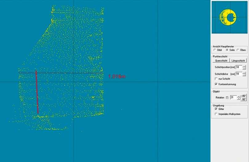 In der Punktewolke (gelb) wird die Höhe des Mauerwerks ebenfalls dargestellt (rot). | Foto: IBAK