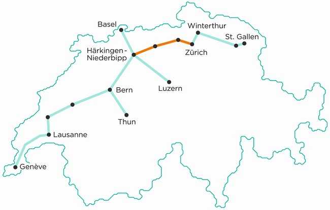 Bis 2045 soll in der Schweiz mit dem CST ein 450 Kilometer langes Tunnelsystem zum unterirdischen Warentransport entstehen. In Orange die erste Teilstrecke von Härkingen-Niederbipp nach Zürich. | Foto: Cargo sous terrain AG