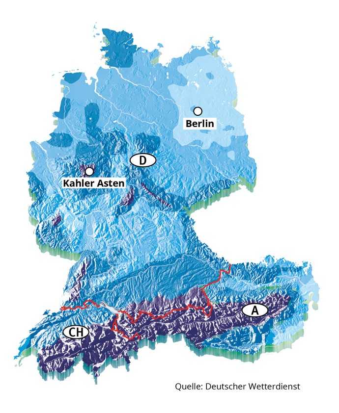 Jahresniederschläge Deutschland, Schweiz, Österreich (langjährige Mittelwerte) | Foto: Deutscher Wetterdienst