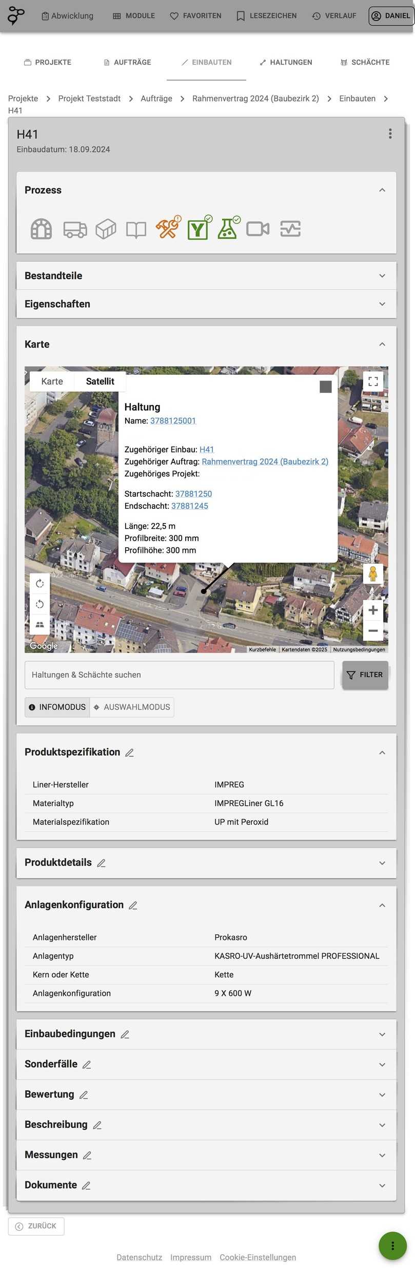 Die Benutzeroberfläche von Mate für einen Einbau. Schnell sichtbar ist das Vorliegen der verschiedenen Informationen und die automatische Prüfung (Farbcodierung). Mit der Integration von Google Maps können Baustellen interaktiv und gemeinsam mit allen Beteiligten online besichtigt/besprochen werden. Es werden alle relevanten Informationen zum Einbau abgespeichert und dokumentiert. Jederzeit haben alle Beteiligten den identischen Informationsstand. | Foto: Syscribe